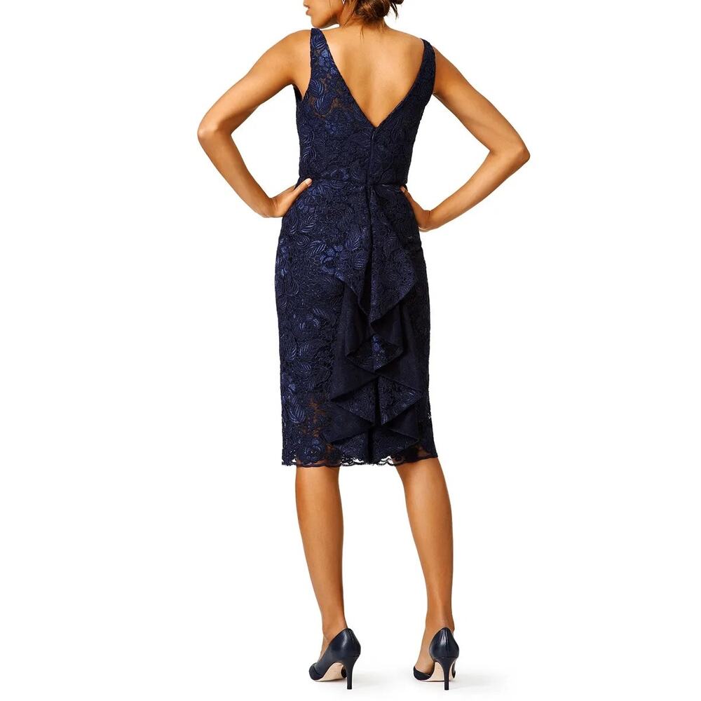 ML Monique Lhuillier Follow Suit Sheath Dress 12 Floral Leaf Lace Cocktail Navy - Picture 2 of 14